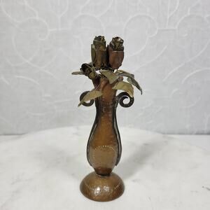Antique Tole Flower and Vase 6" Copper Metal Art Clover Markings 1771